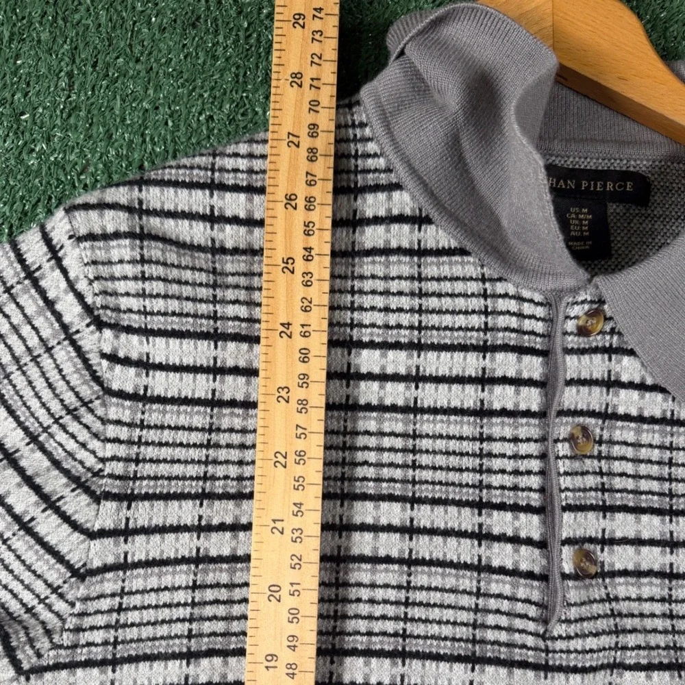 Ethan Pierce Polo Sweater Mens Medium Grey Good Long Sleeve Grid Knit